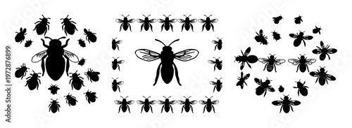 Bee cluster set with solid black icon on white background featuring bees, swarm, intelligence with icon design and vector illustration