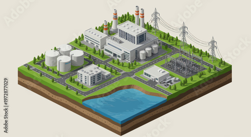 Isometric Industrial Complex with Power Plant and Water Body.