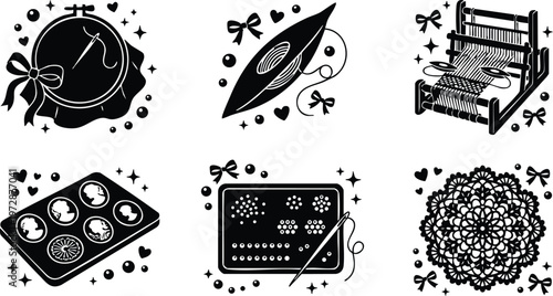 Black and white silhouette set of sewing and weaving tools with lace doily and button mold