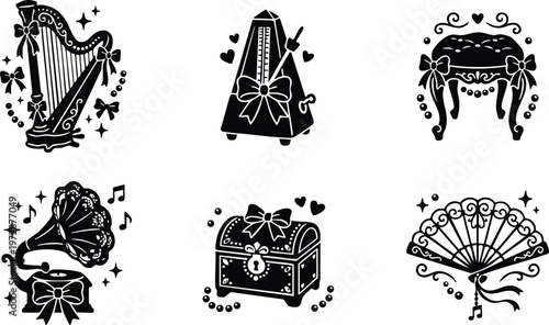 Black and white vintage musical instruments and decorative objects vector art