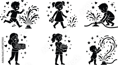 Children playing with garden sprinklers and carrying towels