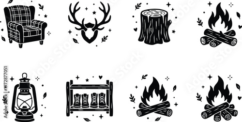 Black and white line art camping icons with lantern campfire boots and tree stump