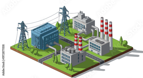 Isometric Industrial Complex with Power Plants and Substations.