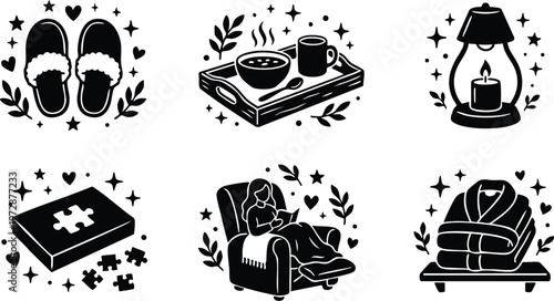 Black and white cozy slippers soup candle puzzle woman reading bathrobe vector art