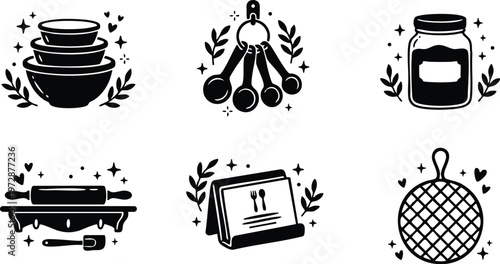 Black and white kitchen tools set with measuring spoons and rolling pin vector art