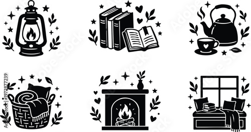 Black and white cozy reading nook set with lantern fireplace and kettle