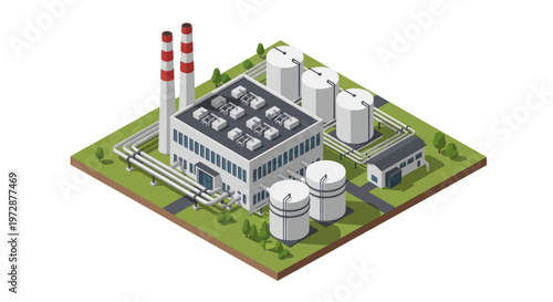 Isometric Industrial Plant with Buildings and Storage Tanks.