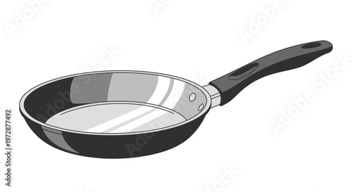 Black frying pan with handle.