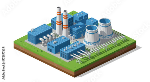 Isometric Industrial Power Plant with Cooling Towers and Smokestacks.