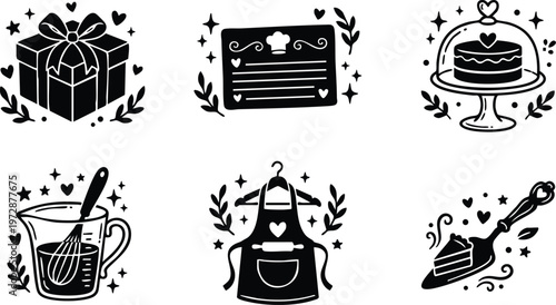 Black and white kitchen baking icons with gift cake apron and recipe card