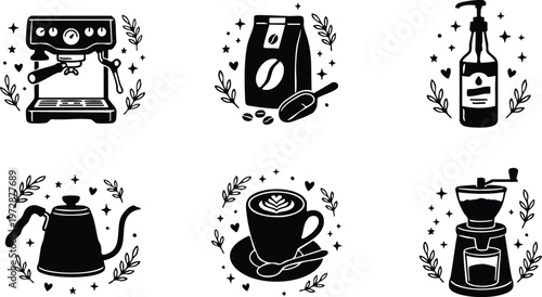 Black and white coffee set with espresso machine bag grinder and cup vector art