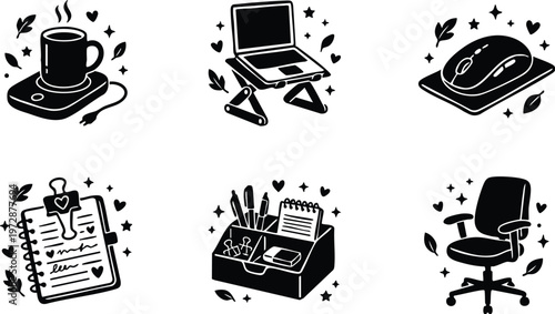 Office essentials with cup mouse notebook organizer and chair