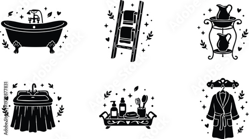 Black and white elegant bathroom icons with bathtub towels and bathrobe vector art