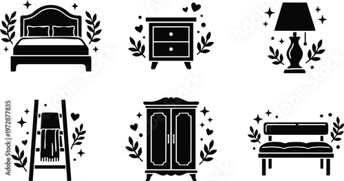 Black and white bedroom furniture icons with decorative leaves and sparkles