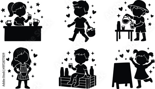 Black and white silhouettes of children engaged in market and play activities vector art