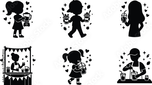 Black and white silhouette vector art of children and adults enjoying smoothies and juice drinks