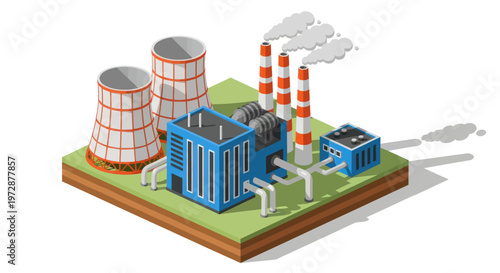 Isometric Nuclear Power Plant with Cooling Towers and Smokestacks.