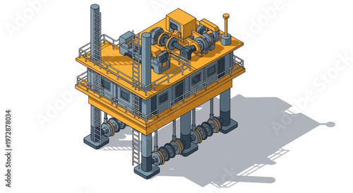 Isometric offshore oil rig platform with industrial machinery and pipes.