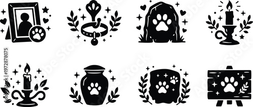 Black and white pet memorial icons with paw prints candles urns and photos