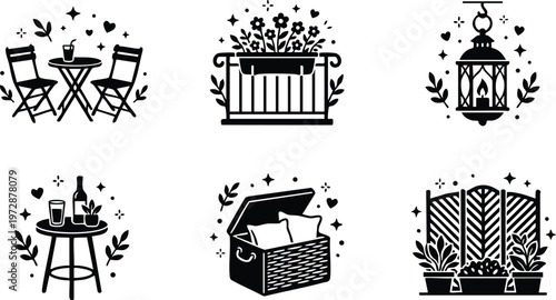 Outdoor bistro set flower box lantern storage chest and garden screens