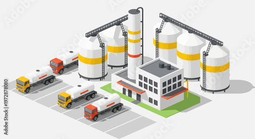 Isometric Oil Refinery and Fuel Tanker Trucks.
