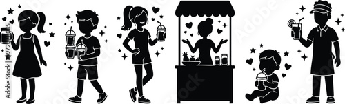Black and white vector art children and vendor enjoying drinks with hearts and stars