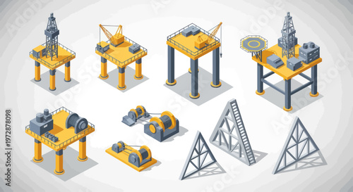Isometric Oil Rigs and Offshore Platforms for Energy Production.