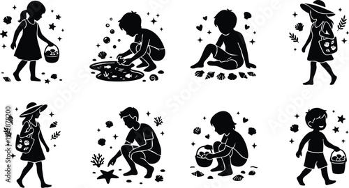 Black and white silhouette children collecting seashells and starfish on beach vector art
