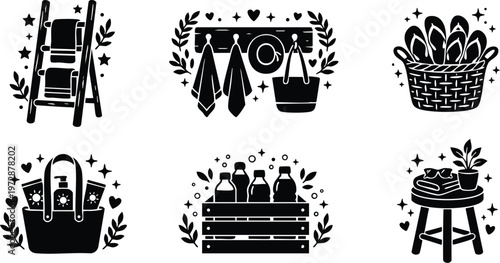 Black silhouette vector collection of towels bags basket bottles and stool with plant