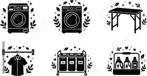 Black and white laundry washing machine shirt rack detergent icon set