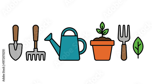A collection of simple cartoon gardening tools, including a trowel, rake, watering can, potted plant, and hand fork, illustrating horticultural essentials for planting.