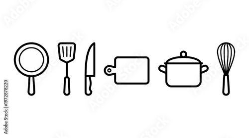 A comprehensive set of essential kitchen utensils and cooking tools, featuring a frying pan, a slotted spatula, a chef's knife, a cutting board, a lidded pot, and a wire whisk.