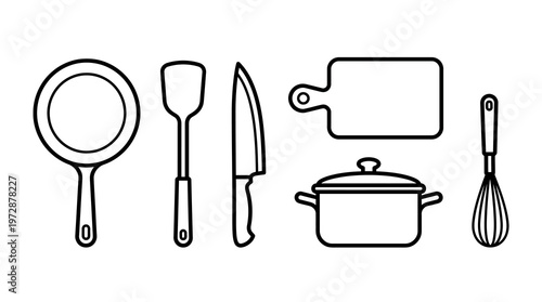 Collection of essential kitchen utensils including a frying pan, spatula, knife, pot, cutting board, and whisk for cooking.