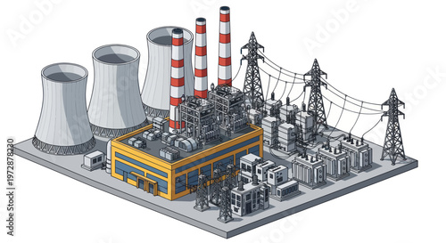 Isometric Power Plant with Cooling Towers and Transmission Lines.
