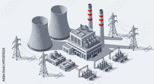 Isometric Power Plant with Cooling Towers and Transmission Lines.