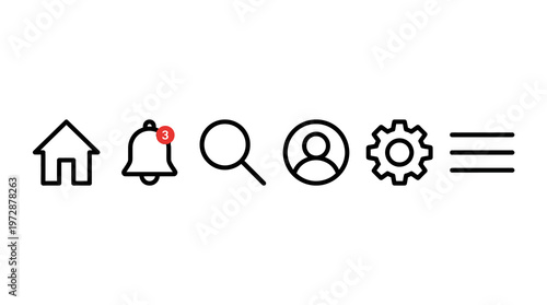 A collection of essential, black outline user interface icons featuring home, notifications, search, profile, settings, and menu for modern digital applications and web design.