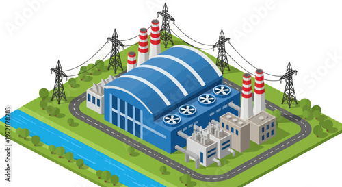 Isometric Power Plant with Cooling Towers and Transmission Lines.