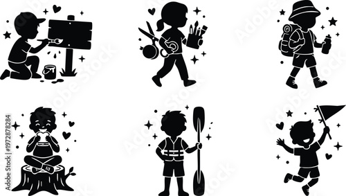 Black and white silhouette children playing outdoor activities vector art