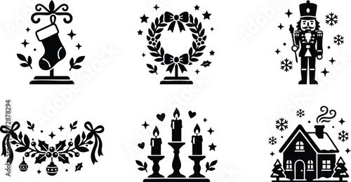 Black and white winter holiday icons stocking wreath nutcracker garland candles snowy house
