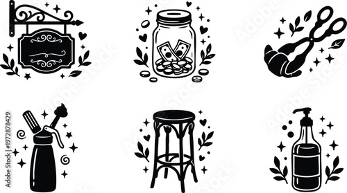 Black and white vintage pharmacy scissors money jar stool signage soap dispenser icons