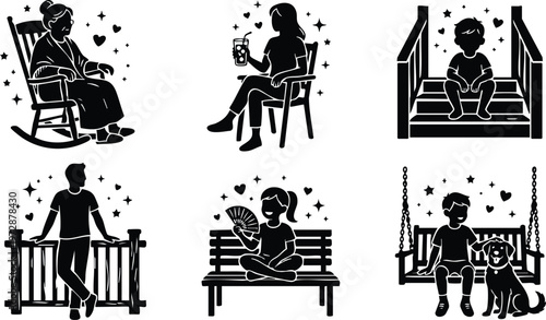 Family members sitting and relaxing with hearts and stars
