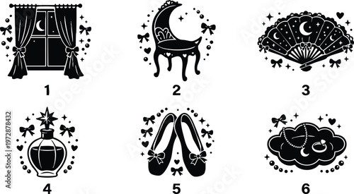 Black and white vintage moon crescent chair and perfume bottle vector art