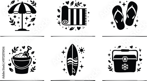 Black and white beach umbrella towel flip flops sand bucket surfboard and cooler icons