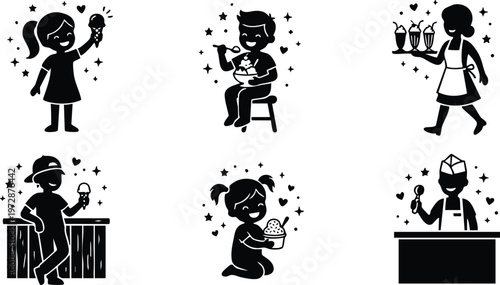 Black and white silhouette children and server enjoying ice cream and milkshake vector art