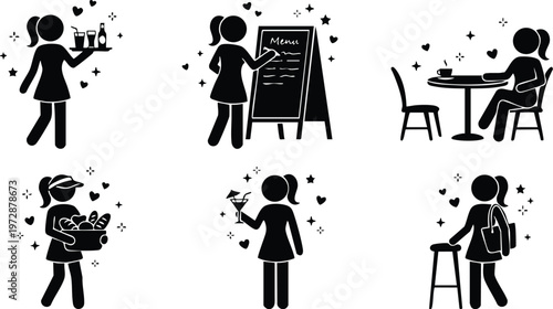 Black and white vector art woman serving drinks shopping sitting and holding cocktail