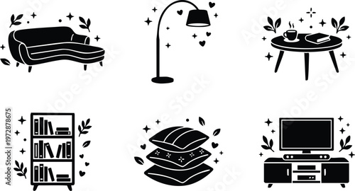 Black silhouette of living room furniture icons with plants and sparkles