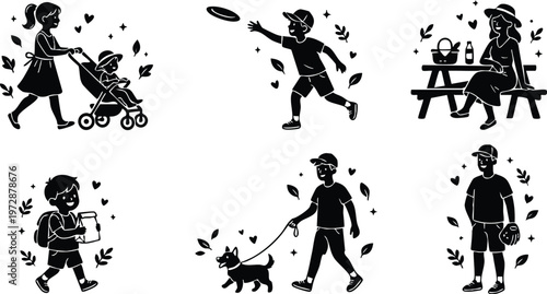 Black and white silhouette children playing and relaxing with dog picnic and stroller