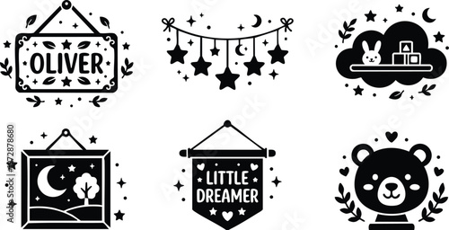 Black and white baby nursery decorations with stars moon bunny bear and name oliver