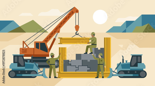 Construction Site Workers with Crane and Heavy Machinery Illustration