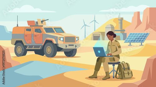 Military Specialist Using Laptop at Remote High-Tech Desert Base